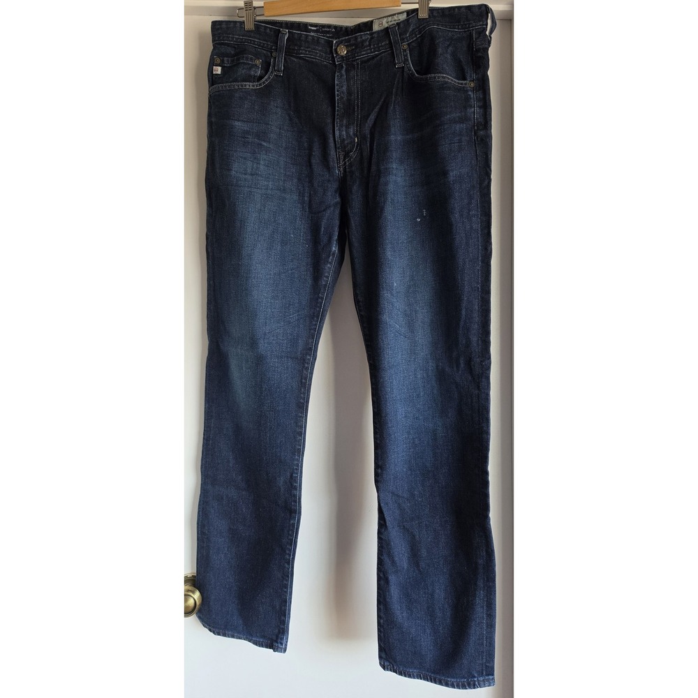 AG Men's Jeans Size 38x34 Dark Blue Solid Denim Straight Slim Pants Trousers
